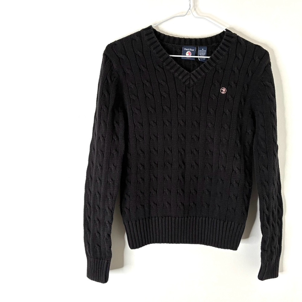 Duck Head Cable Knit V‑Neck Sweater 100% Cotton Black Pink Logo Vintage Classic